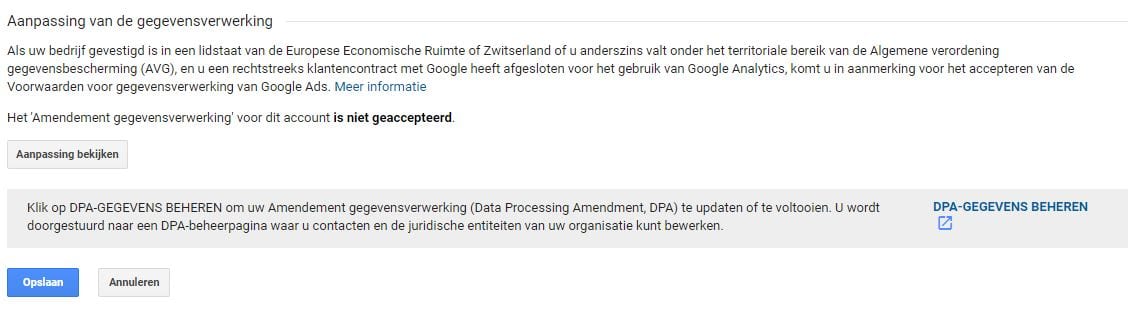 Screenshot van Google Analytics Amendement Gegevensverwerking