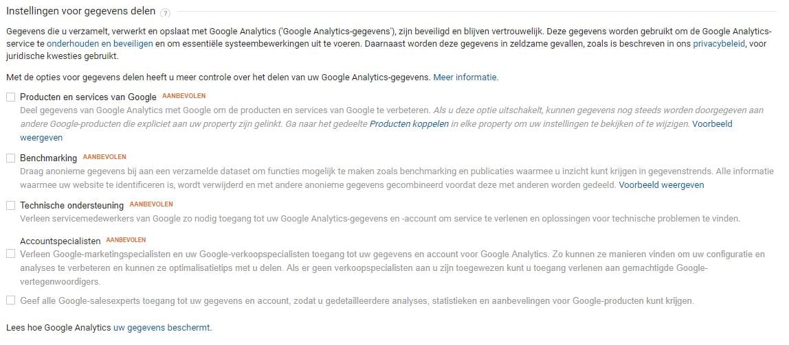 Google Analytics Instellingen voor gegevens delen