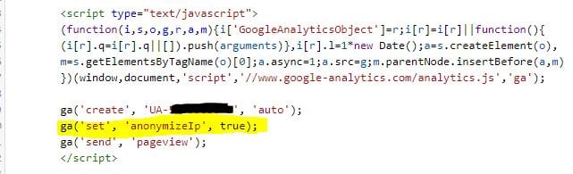 Voorbeeld oude Trackingscript met anonymized IP
