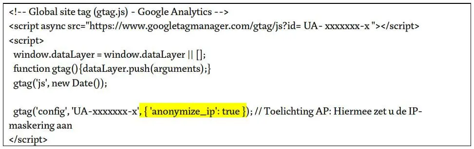 voorbeeld trackingcode google analytics anonymize IP