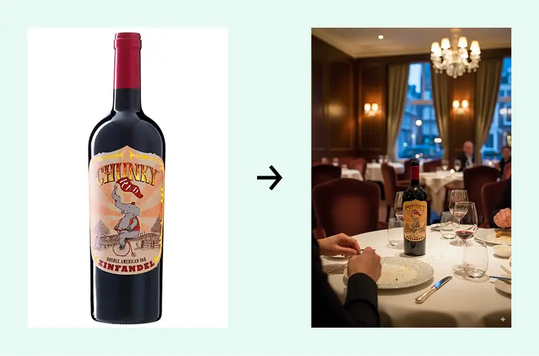 Voorbeeld wijnfles naar sfeerbeeld in restaurant
