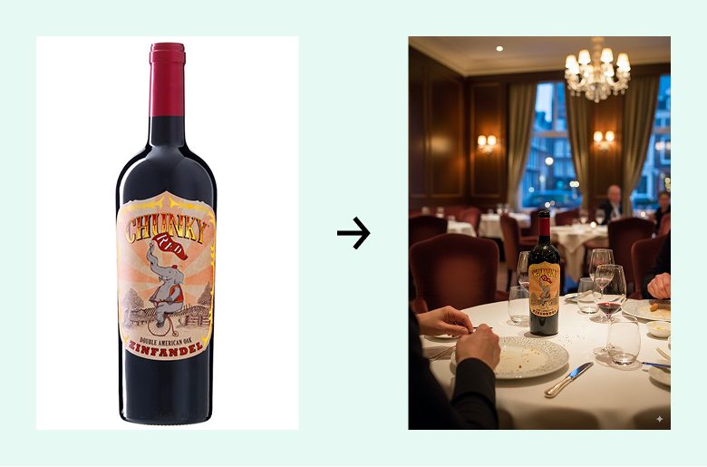 Voorbeeld wijnfles naar sfeerbeeld in restaurant